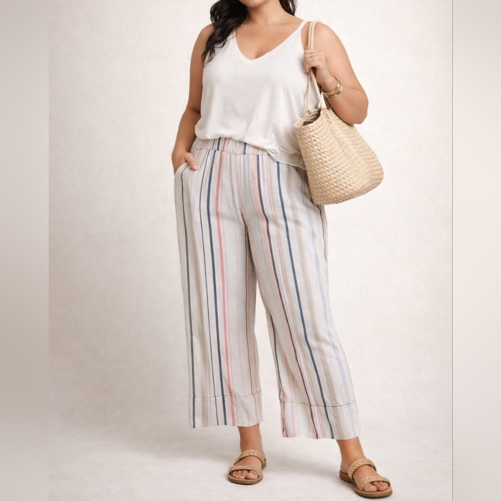 NEW LOOK Linen Blend Striped Pants – Size Large – Front Pockets